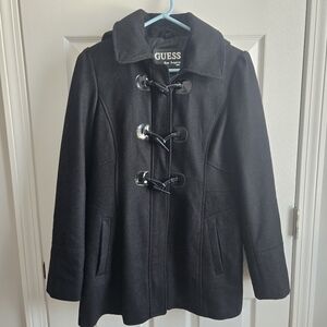 Guess Womans L Black Wool Blend Winter Pea Coat With Hood And Toggle/Zipper